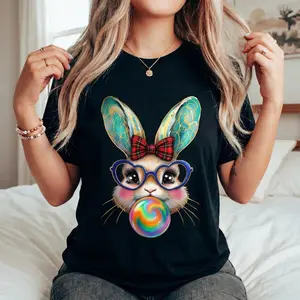 Unisex Easter Bunny Cotton TShirt with Coquette Bow Brushstroke Design Casual Top Perfect Gift for Family and Friends