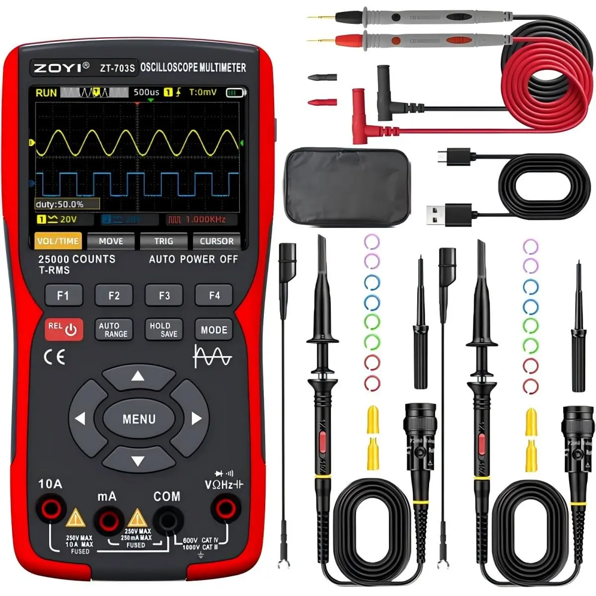 ZT-703S 3-in-1 Handheld Oscilloscope - Dual-Channel, 50MHz, High Precision Digital Multimeter, Signal Generator, 25000 Counts, 250mA, Analog Pointer for Ch1/Ch2, User-Friendly Interface, USB Cable, Automotive Electrical Measuring Tool