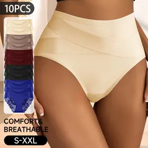QUASTI 5/10PCS Cross Design Women'S Underwear, Lace Design Briefs for Women, Milk Silk Fabric Soft & Skin-Friendly, High Waist Knicker for Women Breathable Comfy, Solid Color Panty Female Intimates Back To School Gifts for Grils