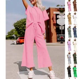 Women's 2-Piece Matching Polyester-Spandex Shiny Pullover Tracksuit Set - Shortsleeve Top, Drawstring Waist Cropped Wide Leg Pants, Casual Minimalist Loungewear Outfits