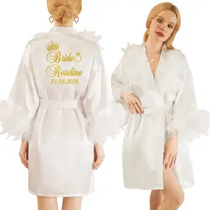 Elegant Feather Bride Robe Personalized Name and Date Robe Bride Bridesmaid Bathrobe Birthday Party Gown Add Any Text Robe