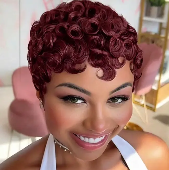 HAYA HAIR Full Machine Made Human Hair Pixie Cut Wig for Women, Short Tight Curly Wig, Voluminous Layered Curls, Halloween Black Friday Deals