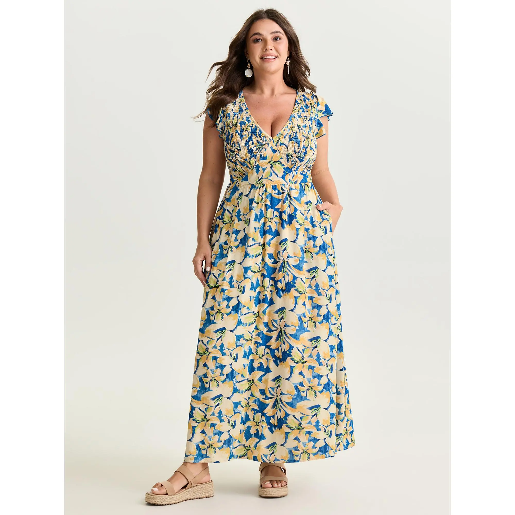 BloomChic Plus Size Floral Rayon Maxi Dress, Pull-On Resort Style with V-Neck, Smocked Bodice, Pockets and Ruffle Short Sleeves, Pocket