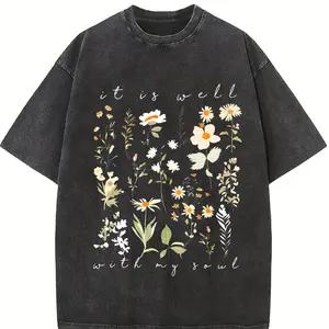 Men's Vintage "It Is Well with My Soul" Floral Print T-Shirt - 230g Washed Cotton Distressed Streetwear Tee with Drop Shoulder, Loose Fit Short Sleeve Round Neck Summer Casual Top