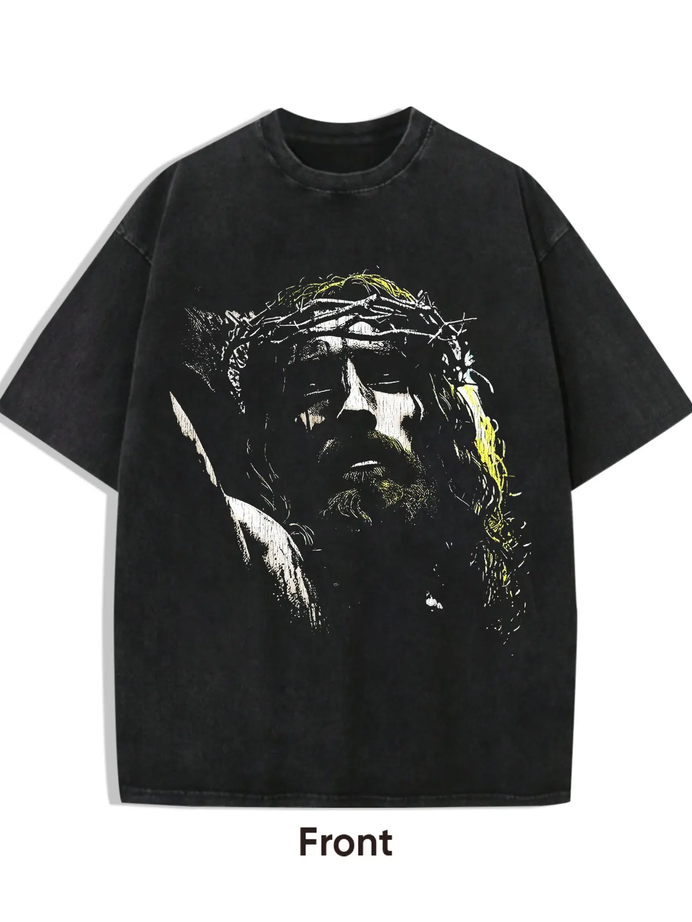 1 PCS Black Washed Oversized 100% Cotton T-Shirt, Crown of Thorns Jesus Portrait Vintage Distressed Graphic Print, Dark Grunge Christian Streetwear Tee, Soft Breathable Unisex Top For Faith Believers Casual Outfit
