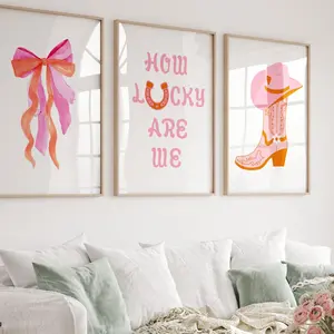 Set of 3 Unframed, Room Decor, How Lucky Are We, Preppy Western Print, Pink Western Cowgirl Boots Hat Poster, Trendy Pink Bows Wild West Poster, Coquette Western Print Set