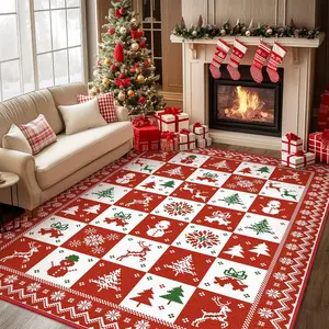 Christmas Decorative Carpet, Tree Snowman Reindeer Print Rug, Foldable Washable Non-Slip Plush Mat for Living Room Bedroom Balcony Outdoor Use