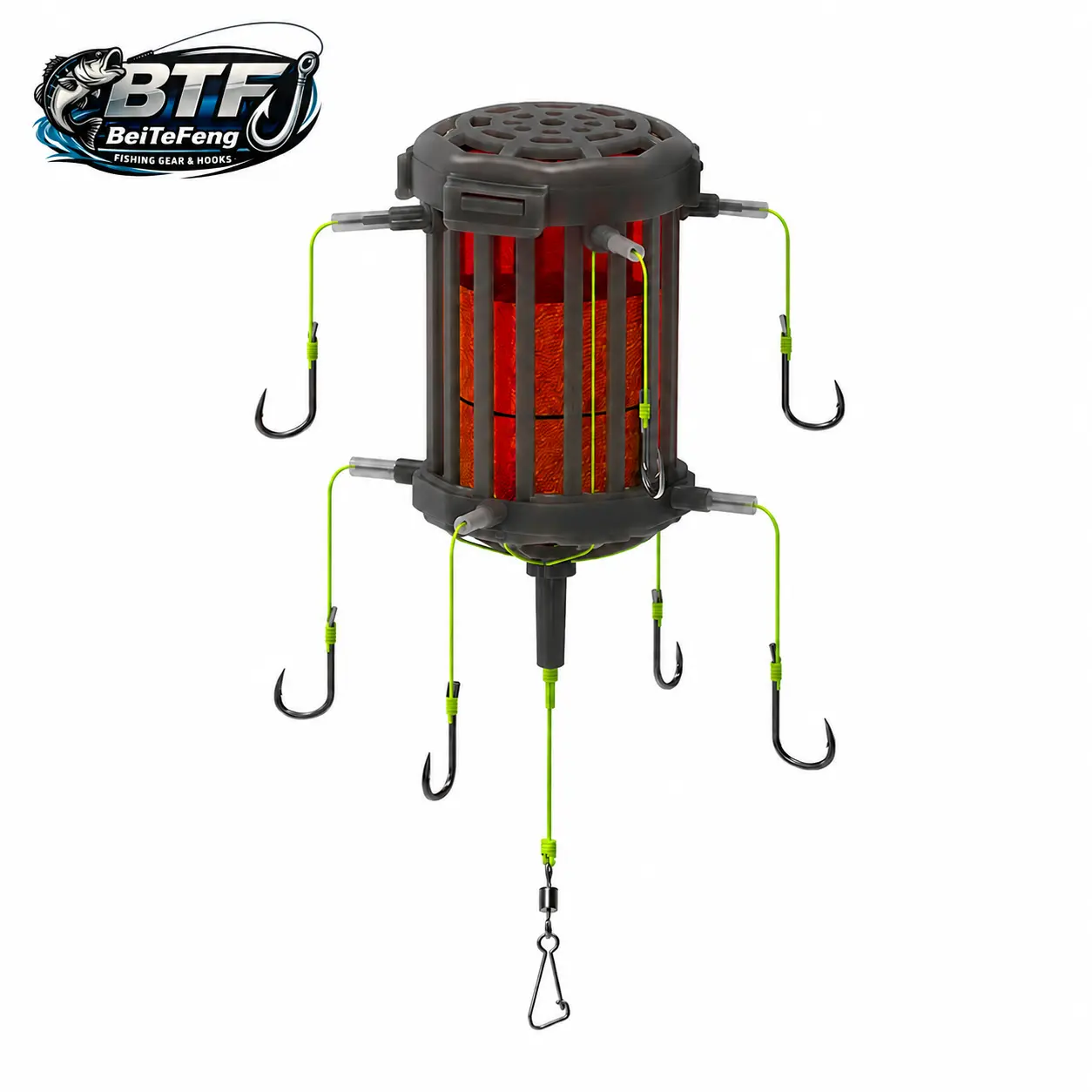 BTF Anti-Off-Bottom Bait Cage Hook, 8-Hook Anti-Snag Pre-Tied Feeder Rig, Upward Hooks Design, Easy Cast Bottom Tackle for Rod & Baitcaster, for Carp Catfish Bass Freshwater Fishing