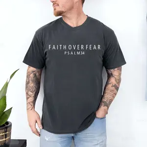 Faith Over Fear Psalm 34 Christian T-Shirt - Comfort Colors Faith Based Graphic Tee, Inspirational Bible Verse Shirt, Religious Vintage Aesthetic Apparel, Church Outfit, Trending Christian Gift for Men Women