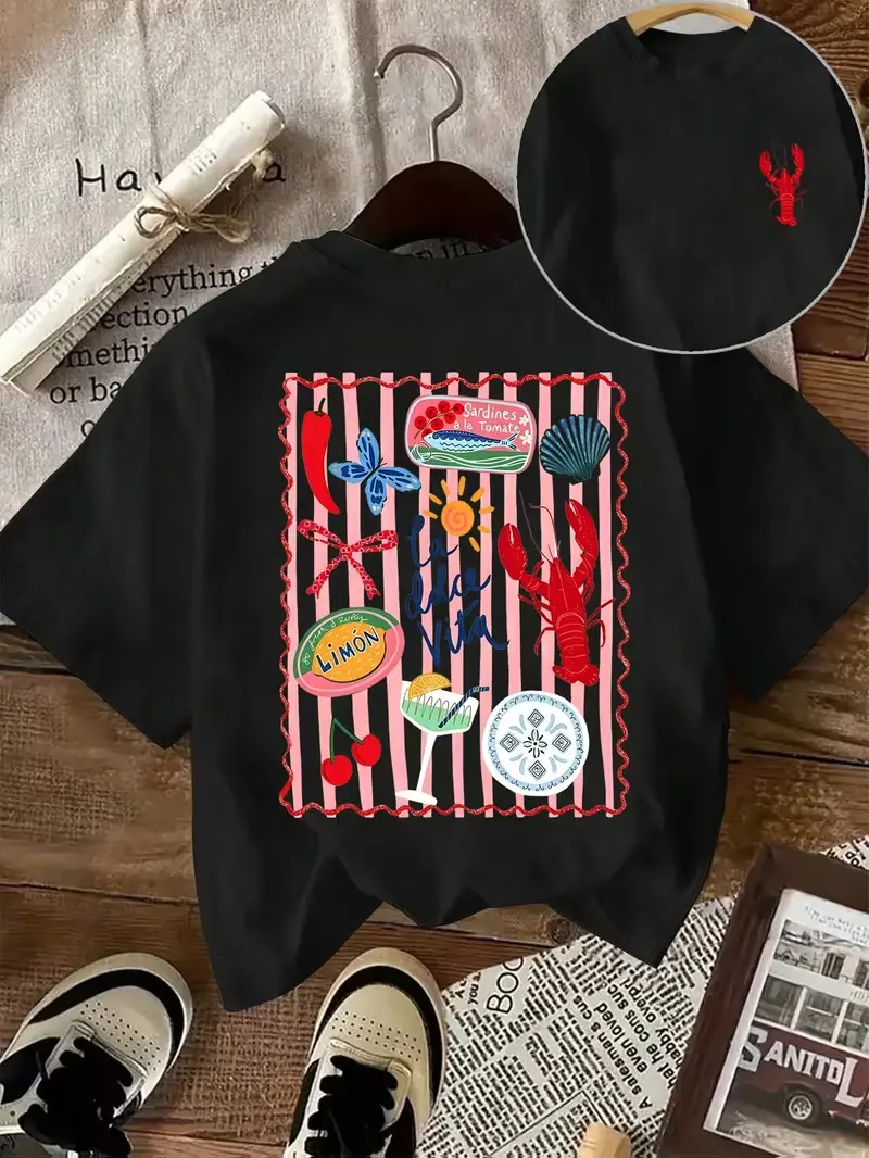 Women's Cotton Short-Sleeve Casual Top - La Dolce Vita Mediterranean Seafood Lobster Dual-Side Print, Breathable, Comfy T-Shirt