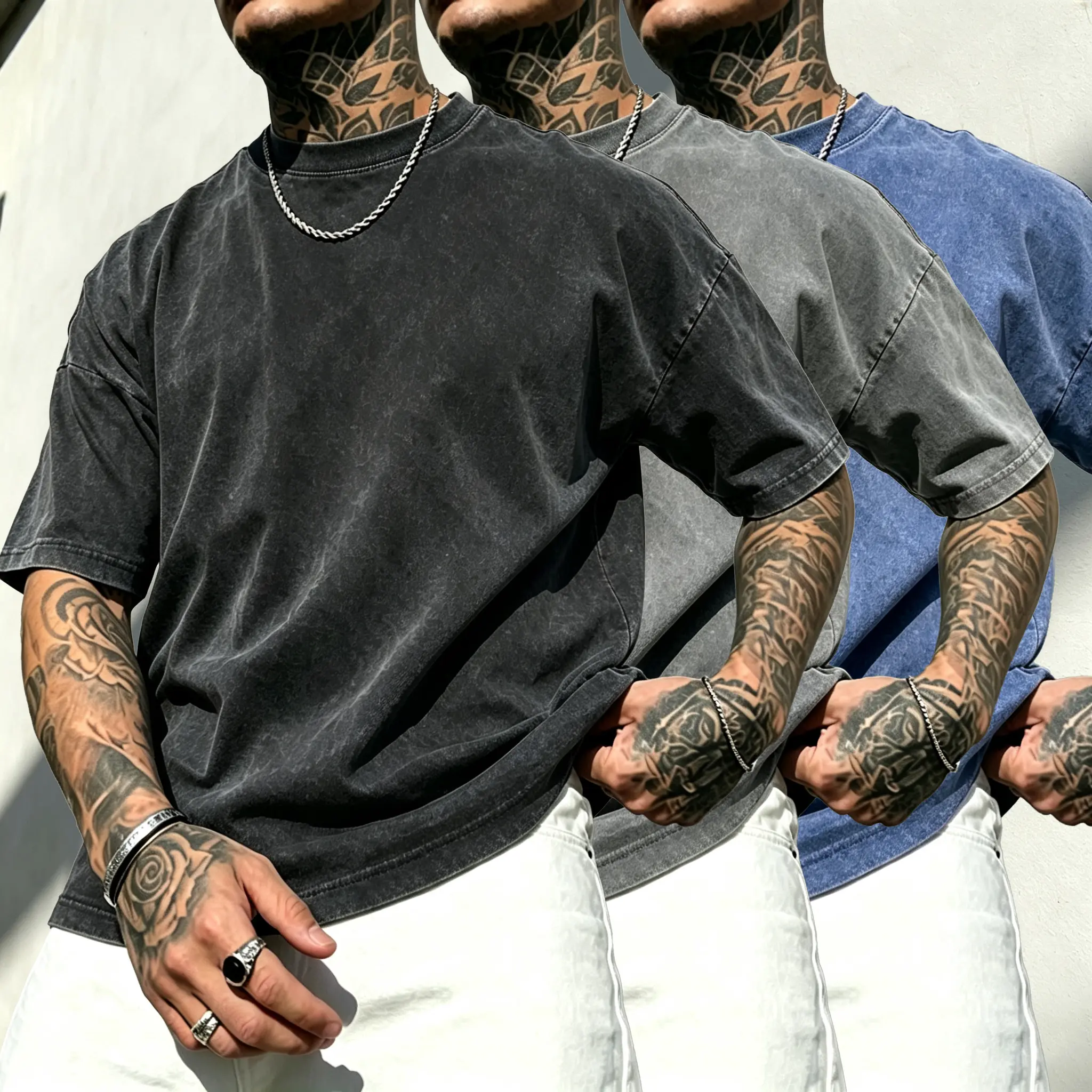 Men’s Heavyweight Oversize T-Shirts (1-3 Packs) - Vintage Distressed Streetwear Menswear, Crew Neck, Casual Fit, Washed Loose, Denim Shades, Fashion Apparel, Polyester Stylish Mens Tops