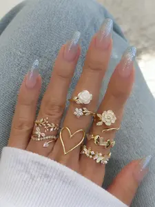 7-Piece Rose Flower Rhinestone Ring Set, Adjustable Open Rings, Elegant Luxury Accessories, Perfect Gift for Friends, Girlfriend, Holiday Gifts