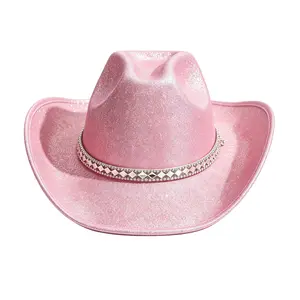 NXCUI Glitter Pink Cowboy Hat with Rhinestone Band Sparkly Western Cowgirl Hat for Party Halloween Costume cool girl