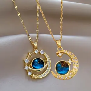 2pcs Set Unisex Fashion Pendant Necklaces with Space Moon Design, 304 Stainless Steel with Rhinestone Inlay, Other Plating, Vacation Style for Daily Wear and Party, Valentine's Day Couple Necklace Gift