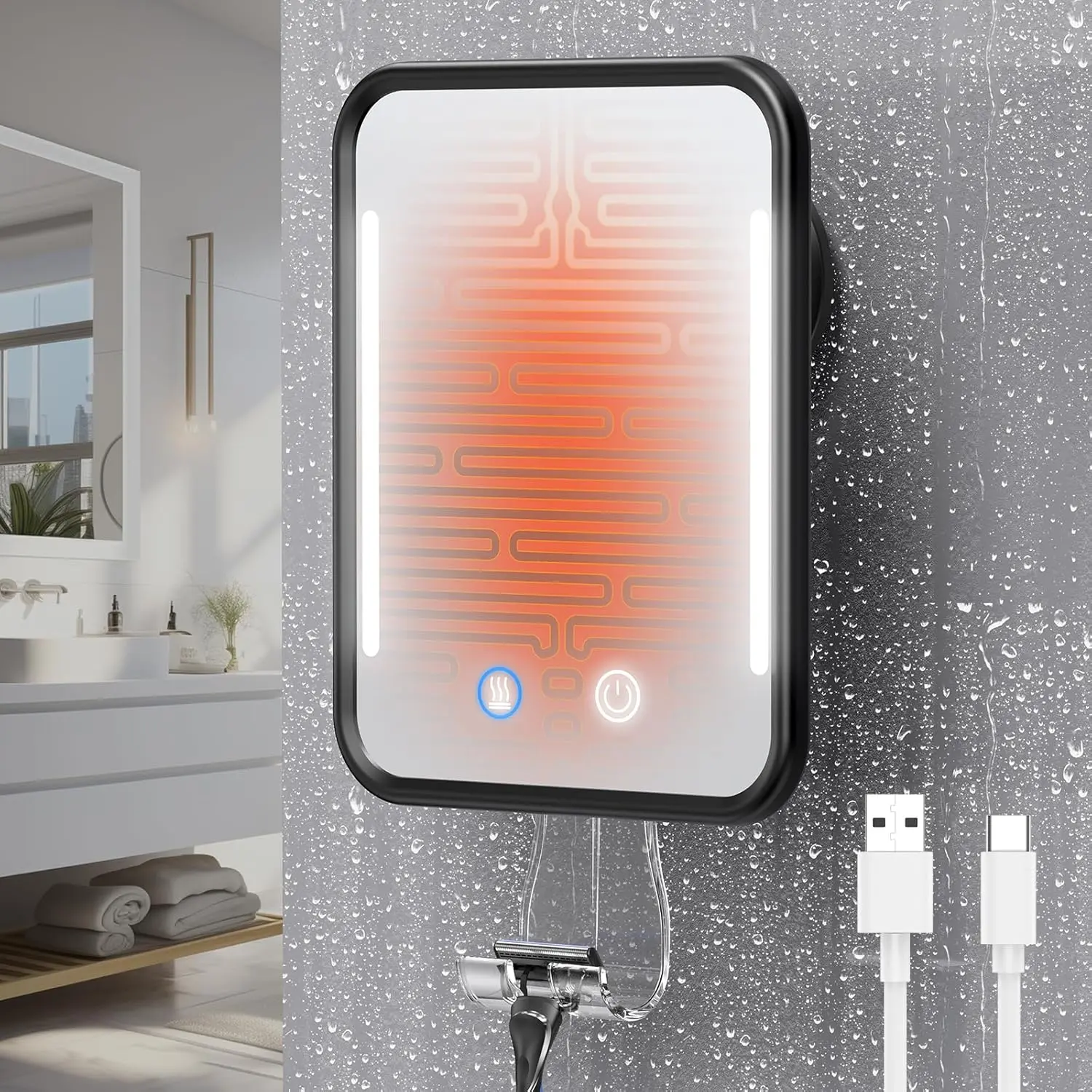 Heated Shower Mirror Fogless for Shaving with Light, 5000mAh Rechargeable , Detachable Suction Cup and Razor Holder for Wall, NO-Drilling, Removable,  for Bathroom - Black