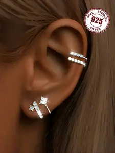 Pair Pack, S925 Silver, Asymmetric Ear Clips, Inlaid with Synthetic Synthetic Zirconia, No Piercing Required, Easy to Wear, Suitable for Daily Outfits, Casual and Holiday Wearing, Low Allergy, Artificial Zirconia Earrings, Stud Earrings Jewelry