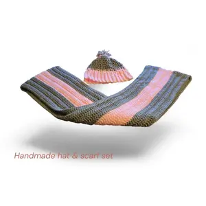 Handmade Crochet Hat and Scarf Set - Pink Gray Winter Beanie Infinity Scarf