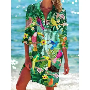 Plus Size Casual Shirt Skirt, Flower Bird Plant Printed Long Sleeved Shirt Skirt Suitable For Beach Vacation Women's Plus Size Clothing