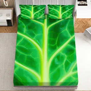 3Pcs Leafy Green Nature Botanical Fitted Sheet Three Piece Set (1*Fitted Sheet+2*Pillowcases, Coreless), Eco theme, Natural Green Bedding Set, Mattress protector Soft, Breathable