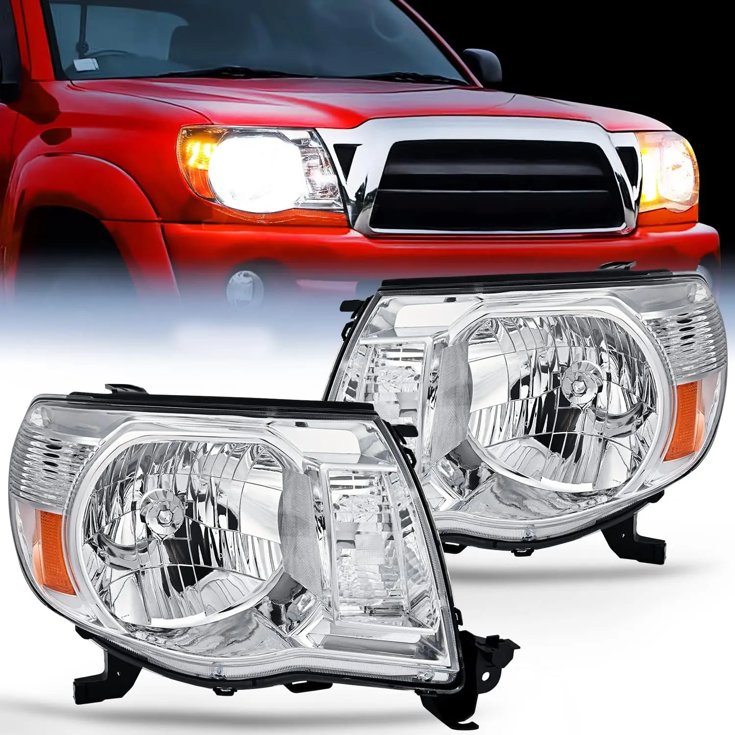 Nilight H4 Headlight Assembly for 2005-2011 Toyota Tacoma Cars/Trucks - Chrome Finish Housing, Amber Reflector, Waterproof, Moisture Resistant, Adjustable, Corrosion-Resistant, Brightening, Anti-Fog, Secure, Temperature-Stable Bolt-On Replacement Headlamp