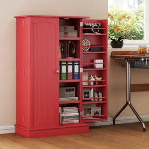 Freestanding Red Pantry Cabinet Adjustable Shelves Fit Tall Cereal Boxes Pasta Containers for Condo Dorm Rv Camper Baking Supply Closet Home Bakery Holiday Dinner
