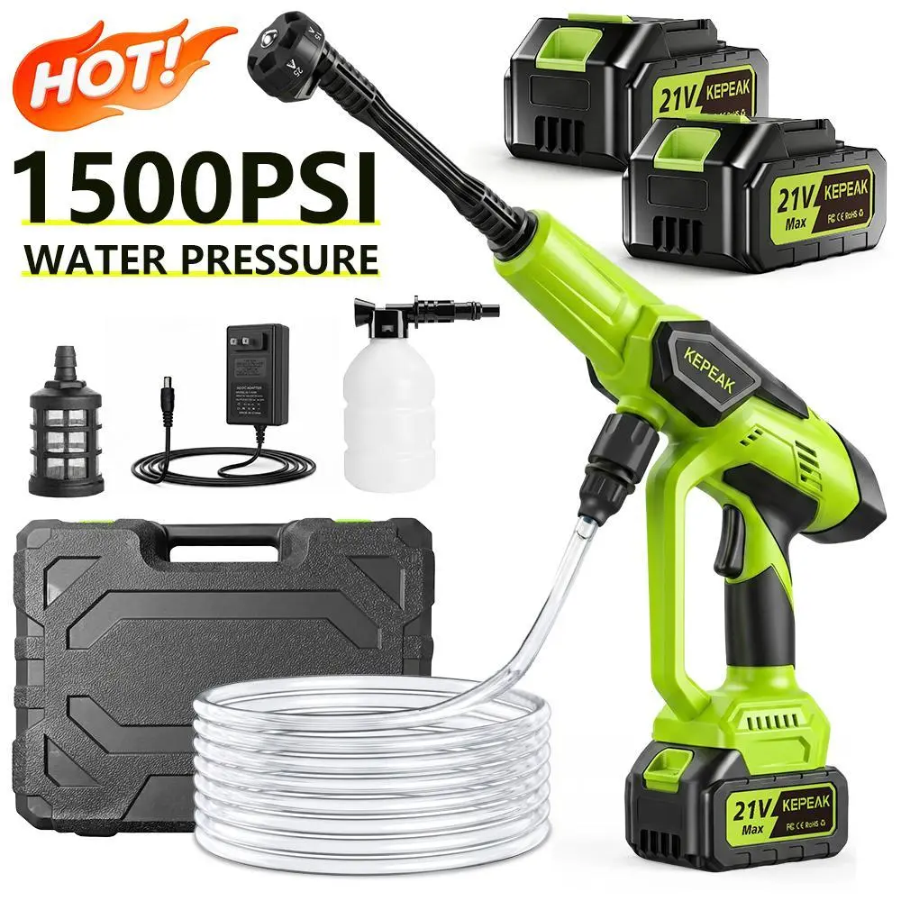 KEPEAK Cordless Portable Pressure Washer, 21V 1500 PSI 200W High-Pressure Plastic Cleaner with 13000mAh Battery, 6-in-1 Spray Nozzle, Foam Bottle, 48.5×47×8.5cm Size, 4-5 L/min Flow for Car, Outdoor Cleaning