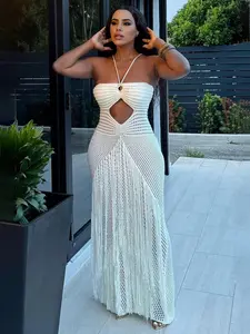 Women’s Crochet Maxi Dress with Fringe Detail, Boho Style Backless Halter Dress for Beach Party Vacation, Summer Resort Wear