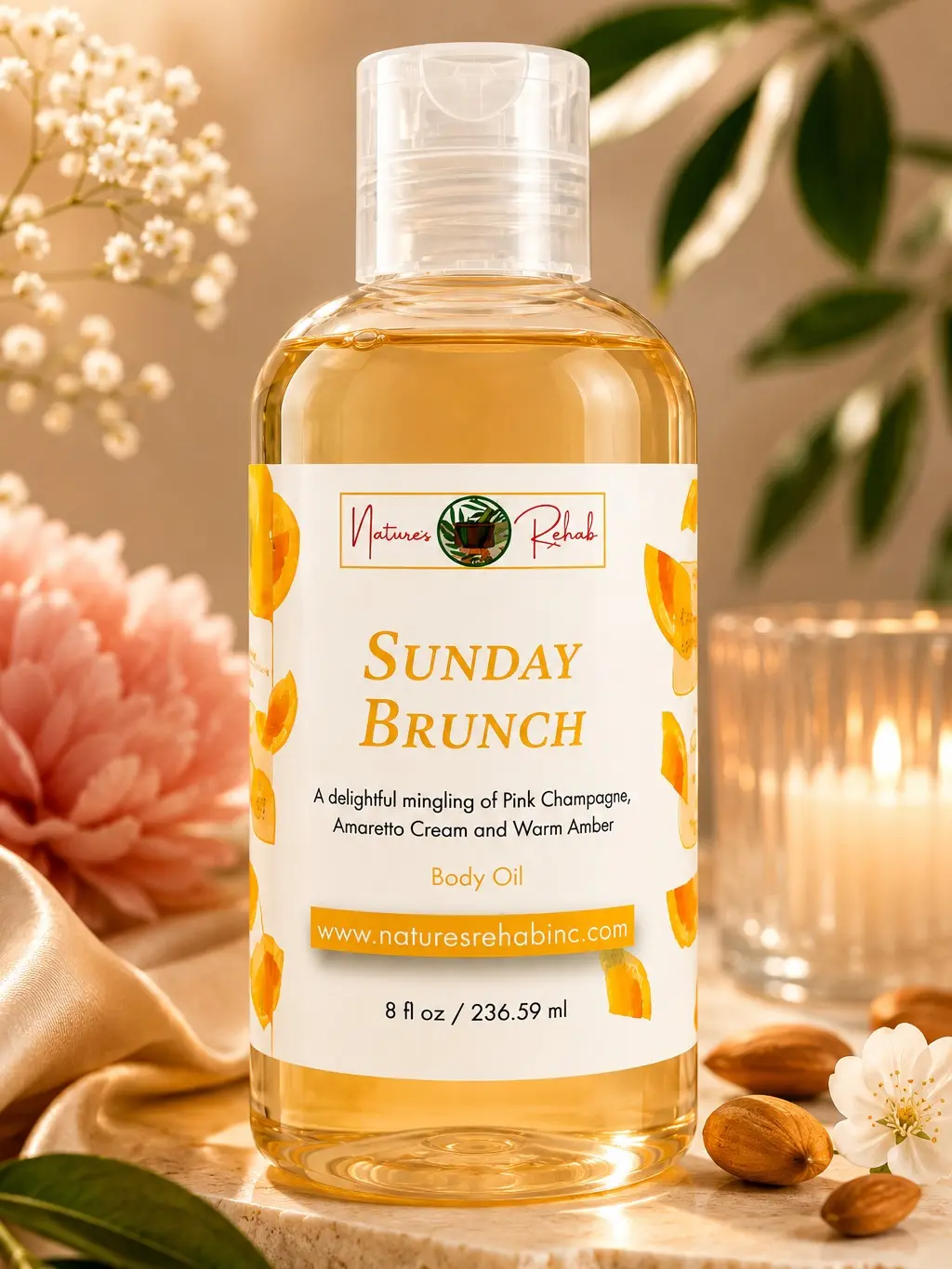 Nature's Rehab Sunday Brunch Perfumed Body Oil (8 oz) - Long-Lasting Pink Champagne Scent, Lightweight, Nourishing, Allergen-Free Sunflower Oil for Full Body Soft Skin & Smooth Skin Routine