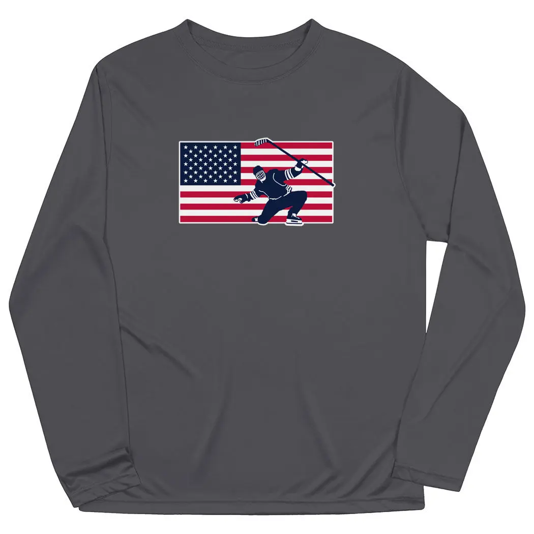 Patriotic Hockey Long-Sleeve Performance Athletic Apparel Tee, Sports Training Top