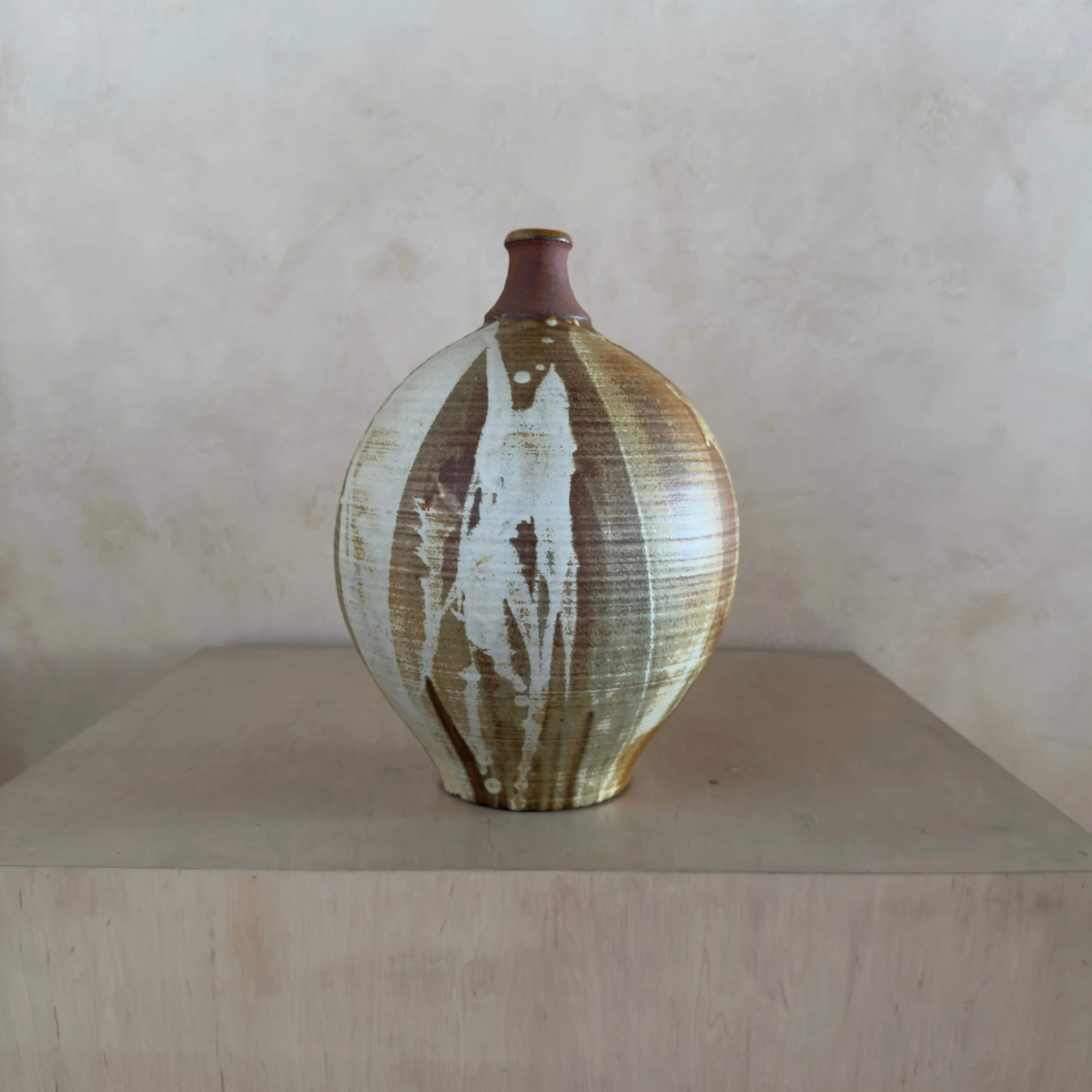 Large Sculptural Stoneware Vessel in Umber and Cream