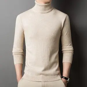 Autumn Winter New Men's Beige Turtleneck Sweater Long Sleeve Crewneck Slim Fit Knitwear Casual Tops Plus Size Bottoming Shirt