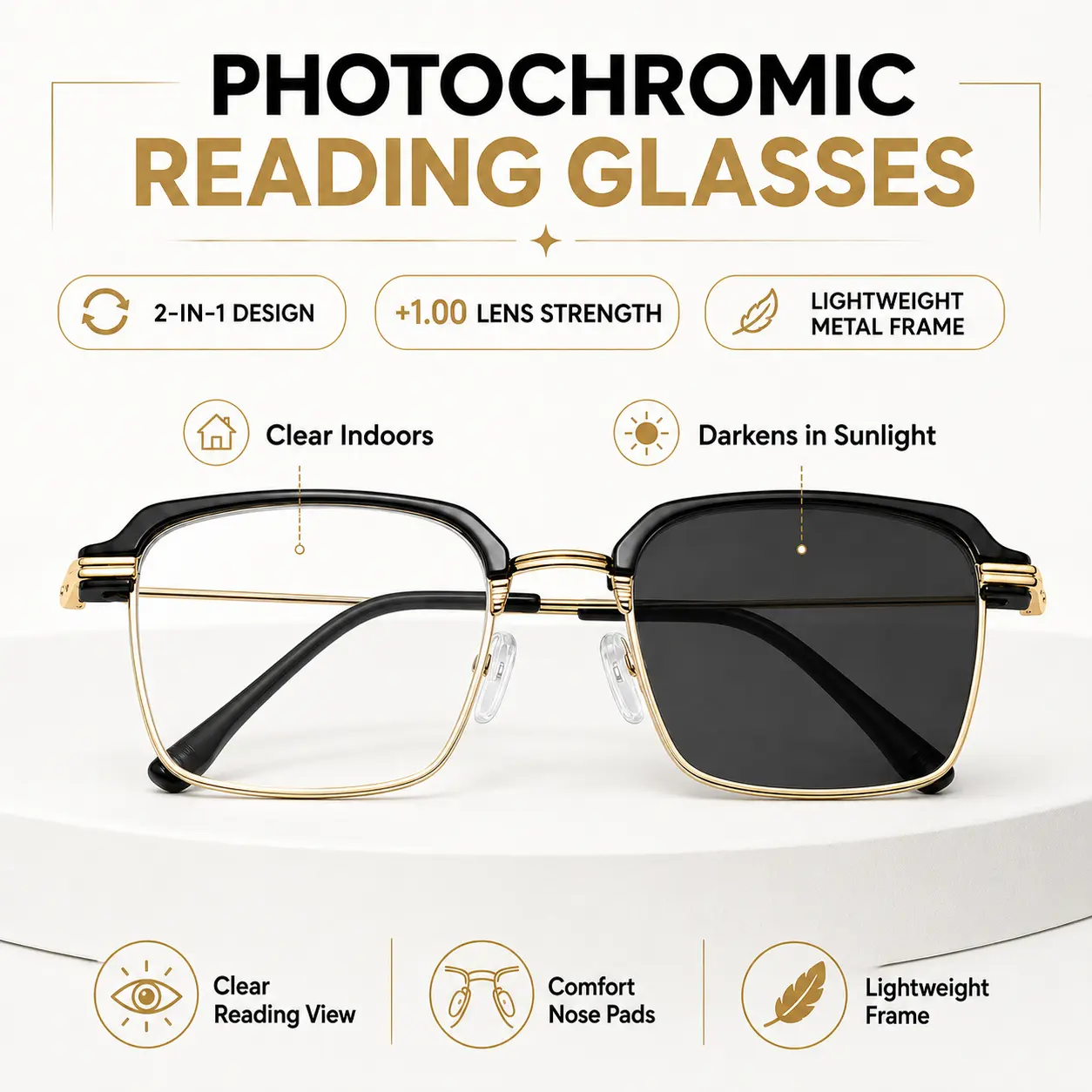 Photochromic Reading Glasses +1.00 for Ages 40-45, Blue Light Filtering Readers Glasses, Lightweight Metal Frame Eyeglasses, Clear Indoor Outdoor Tint, Unisex Daily Reading Glasses