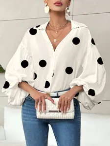 Women's French Polka Dot Blouse, Fitted Round Neck Lantern Sleeve Shirt, Casual Vacation Commute Wear, Spring & Fall Fashion