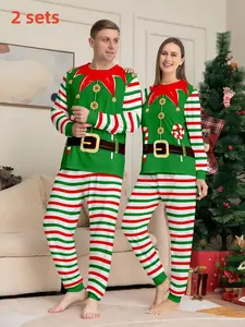 Couple's Christmas Themed Print Pajama Two-piece Set, Casual Comfy Long Sleeve Top & Elastic Waist Pants PJ Set, Men's Sleepwear for Spring & Fall, Loungewear