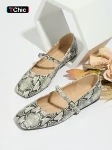 Women's Retro Snake Print Flat Mary Jane Shoes, Metal Buckle Slip-On Ballet Flats, Soft Sole Flats, Comfortable Low Heel Summer Shoes