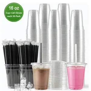 16oz Clear Plastic Cup with Straw & Lid, 50 Sets Disposable Coffee Cup, Disposable Tableware for Party & Takeaway Drink, Plastic Clear Cups