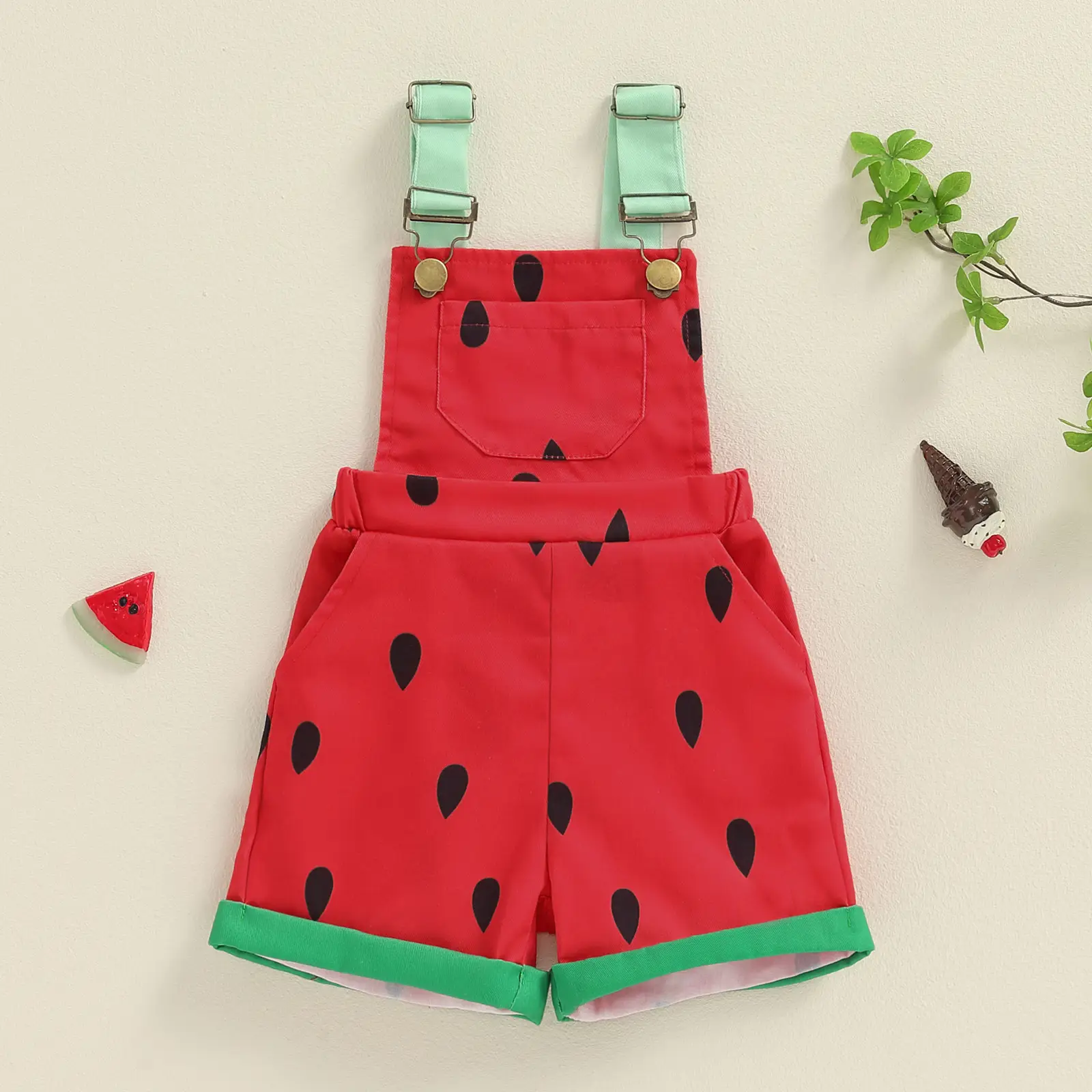 Little Girl Watermelon Overalls Casual Square Neck Shorts Jumpsuit with Pockets for Summer