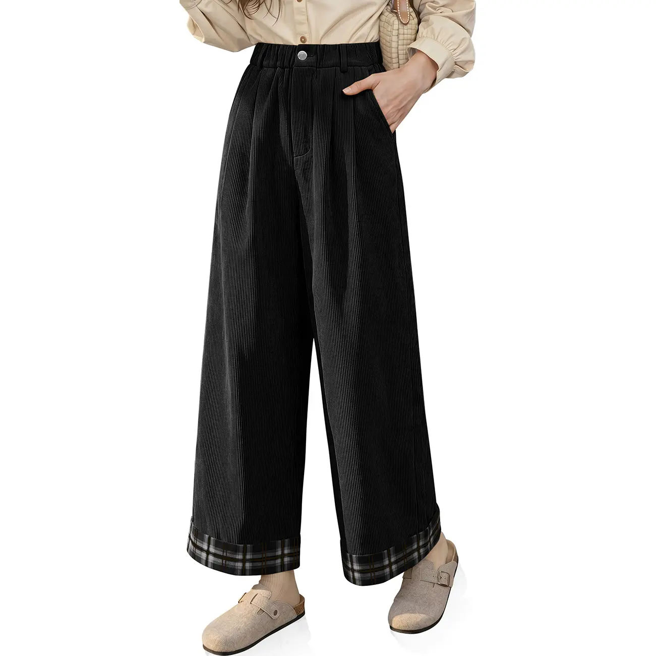 TARSE Women's Corduroy Wide Leg Pants, Elastic Waist Baggy Pants with Plaid Cuff Hem with  Pockets