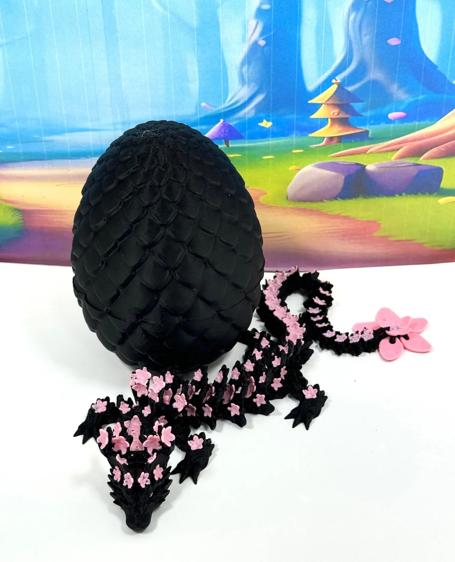 Articulated Black and Pink Cherry Blossom Dragon, 3D Printed Dragon and Egg, 12 Inches Fidget ADHD Autism Toy D028-BE Decor Colorful