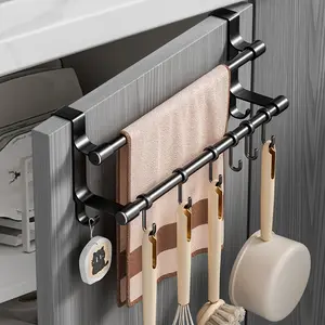 Over-the-Cabinet Door Towel Bar, Double Rod No Drill Kitchen Towel Rack with Hooks, Modern Space-Saving Organizer for Kitchen Towels, Rags & Oven Mitts, Essential Kitchen Storage Gadget