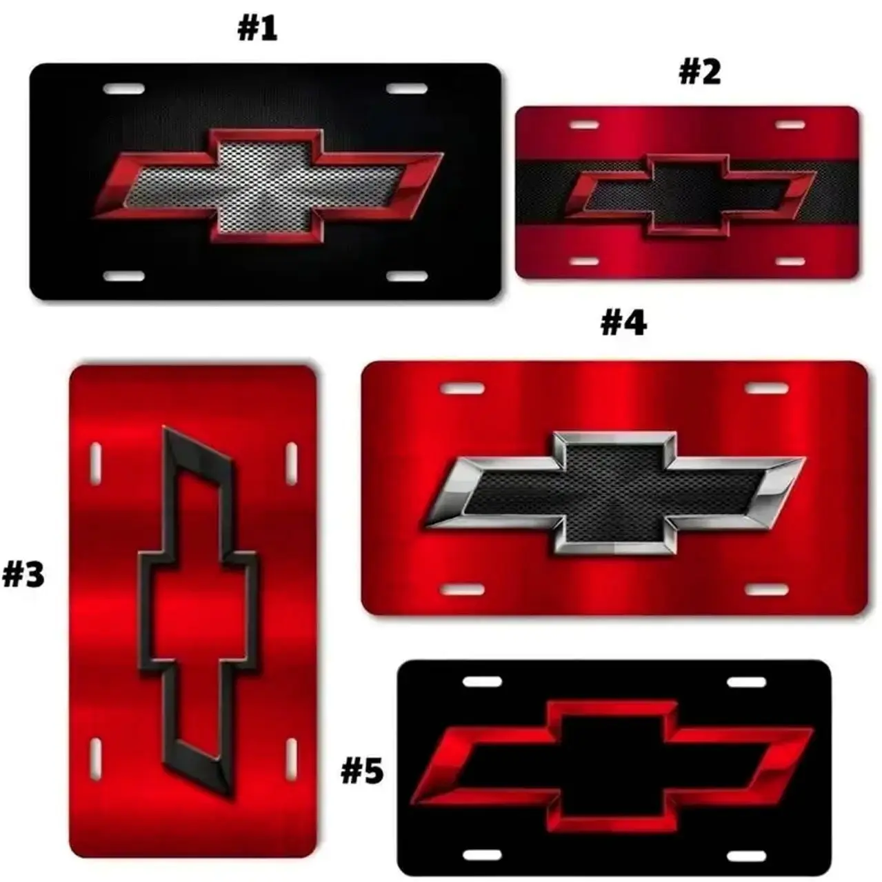 Chevrolet License Plates, Bold Chevy Logo Designs in Red, Black, and Metallic Finishes