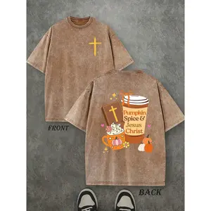 Halloween Pumpkin Spice And Jesus Christ Christian Shirt, Halloween Christian T-Shirt, Vintage Retro Washed Shirt Double Sided Printed (230 Heavyweight Pure Cotton T-Shirt)  High Quality Christian T-Shirt