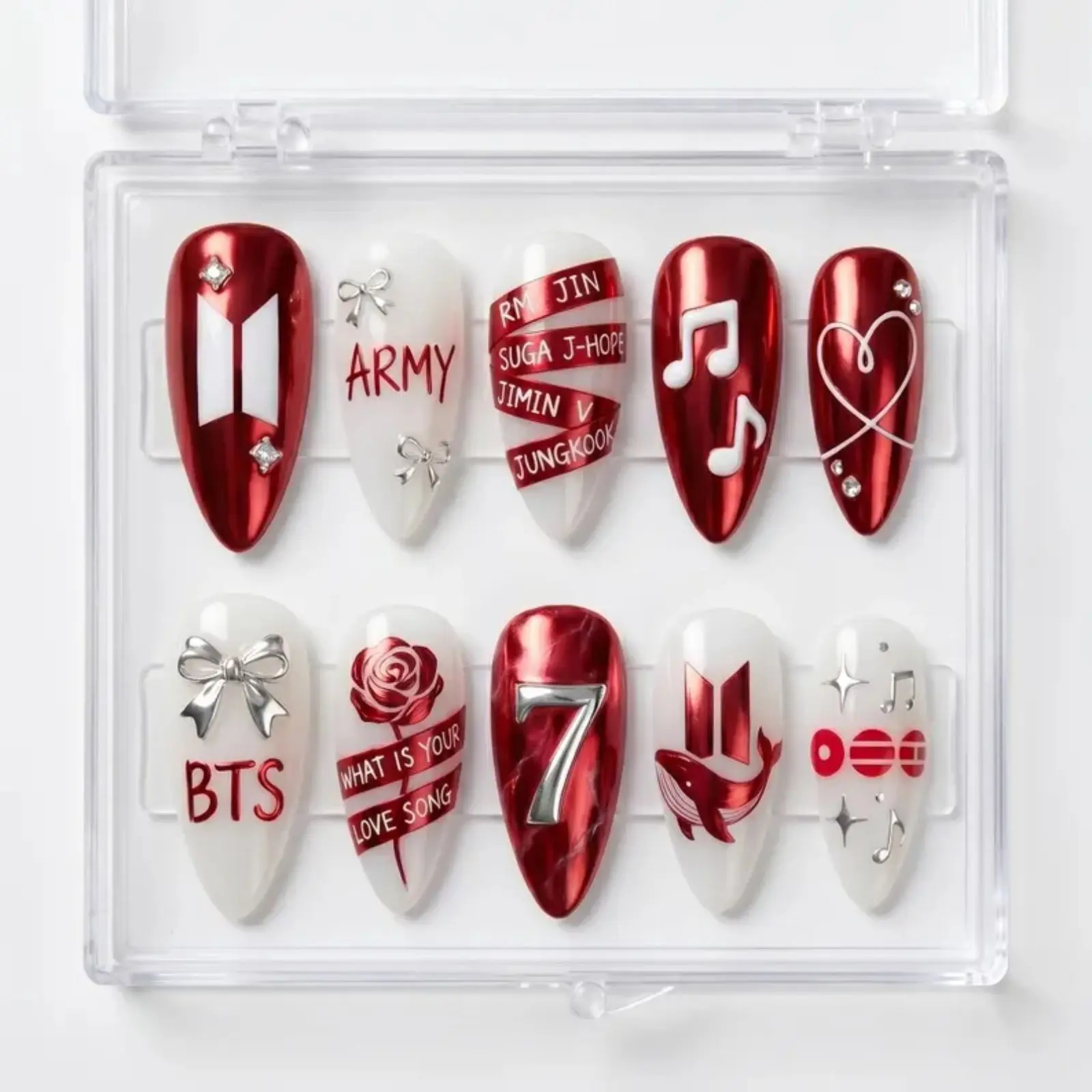 Red Chrome kpop-Inspired Press On Nails | Glossy Almond False Nails with Star Design | Cute Coquette Silver Bow Fake Nails