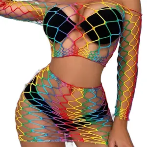 Women's Stretch Rainbow Mini Dress - Cutout Fishnet Mesh Piece, Edgy Summer Lingerie Underwear Clothes