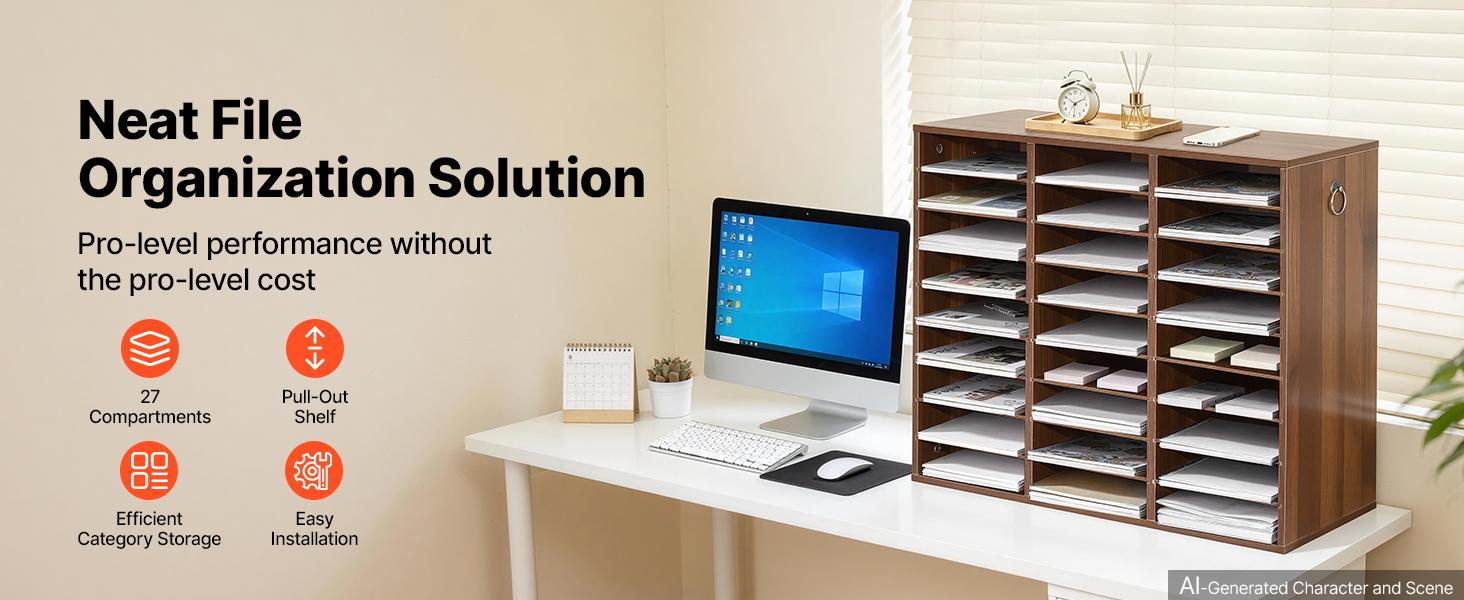 VEVOR Wood Literature Organizer 27 Compartments Office Mailboxes Brown, Countertop Literature Sorter for Files Documents Papers, with Adjustable Shelves, for Office, Home, Classroom Organization