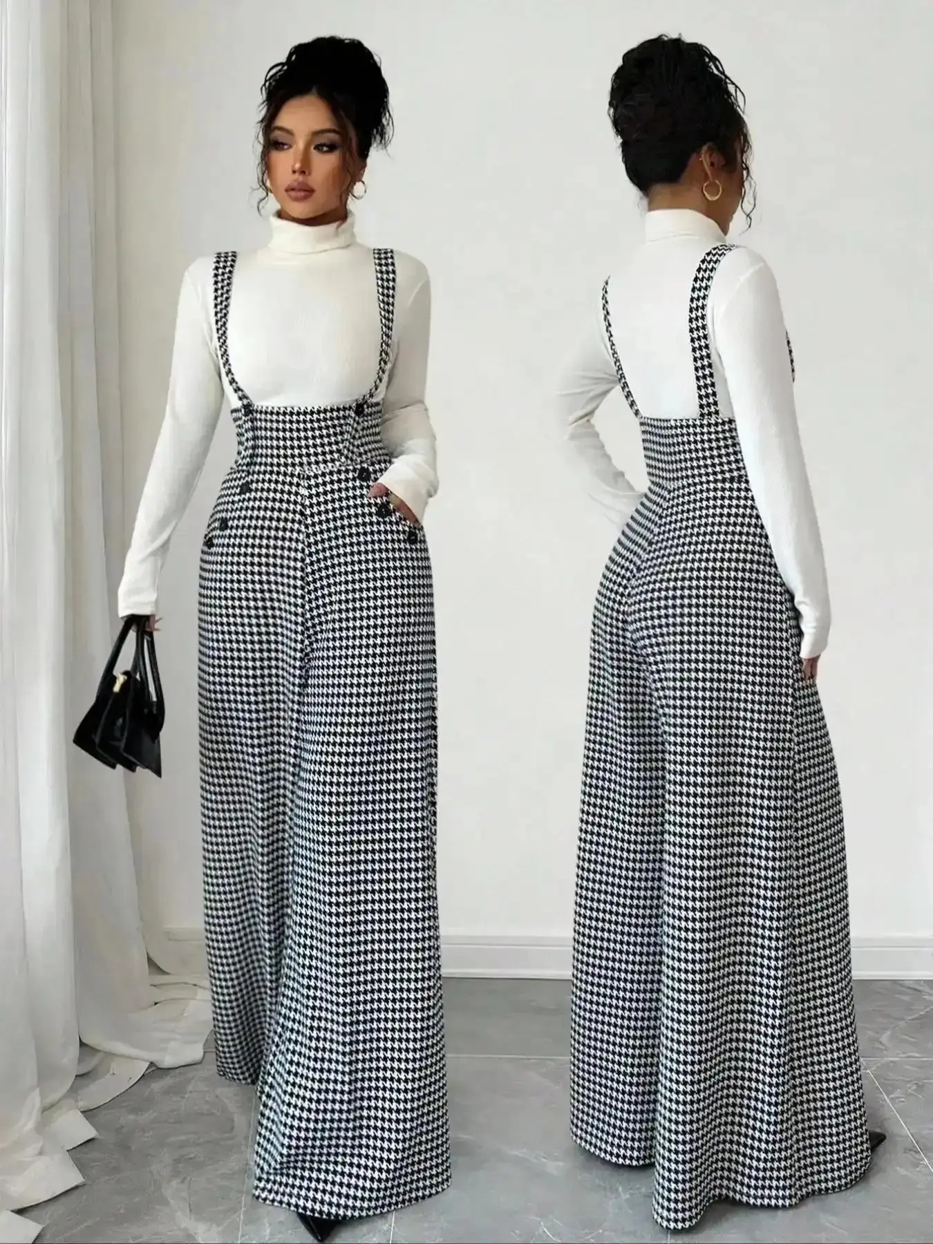 Women's Knitted Houndstooth Plaid Print Belted Pants, Button, Elegant Fall/Winter Fashion, Long Pants with Front Zipper and Pockets, Casual Commuter Wear