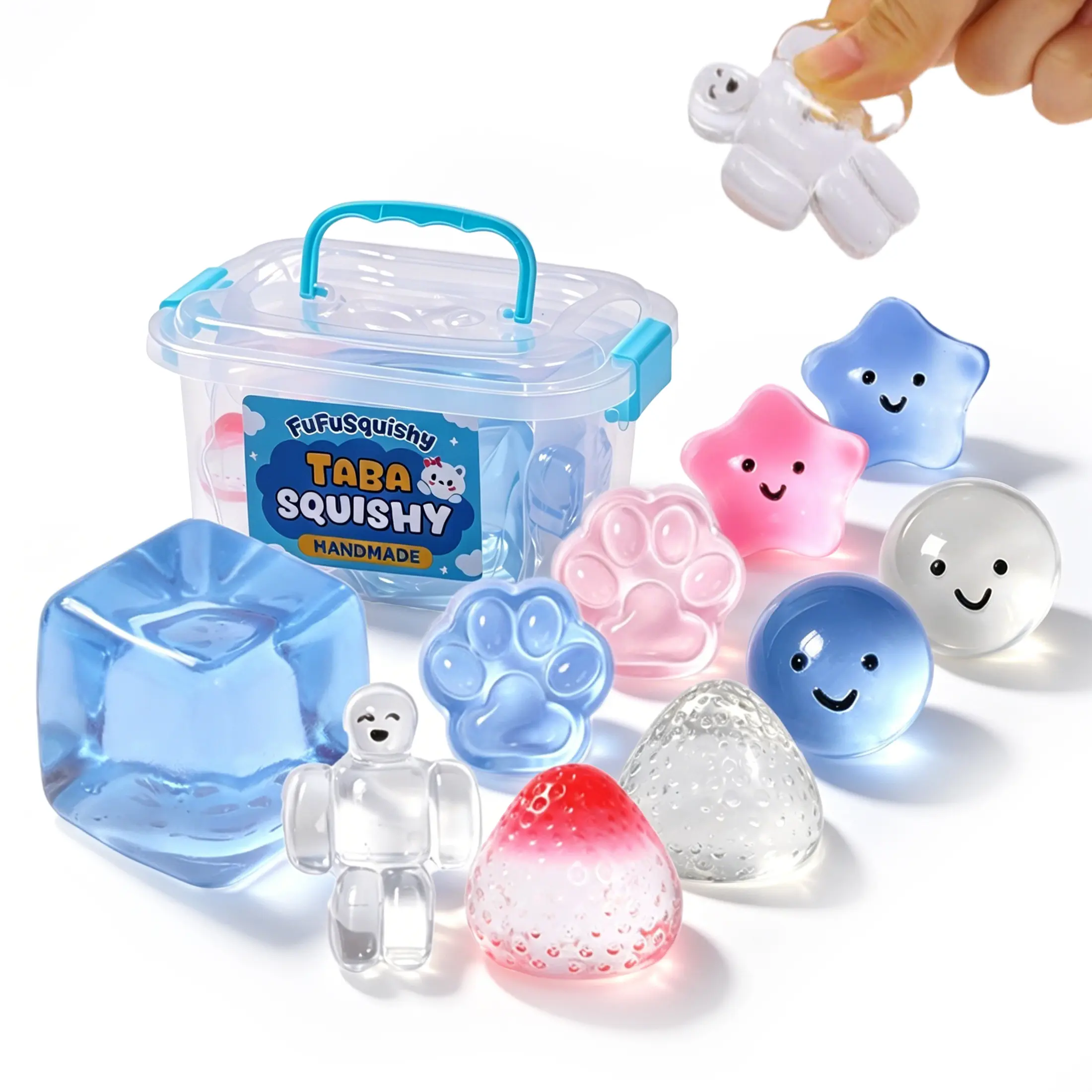 FUFUSQUISHY 10 Pack Transparent Taba Squishy Set, 1 Regular Size & 9 Mini Handmade Clear Silicone Squishies, Assorted Kawaii Designs with Storage Box