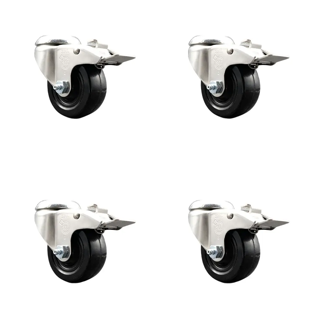 Service Caster SCC-SS316BHTTL20S314-SRS-4 Soft Rubber Swivel Bolt Hole Caster with 3 in. Black Caster Wheels - 316 Stainless Steel Caster - Set of 4