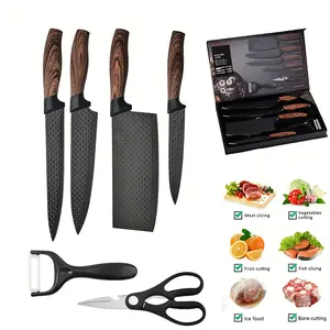 Six-piece knife set, thick wooden handle with wood grain coating, kitchen utensils, including peeler and scissors, color box packaging