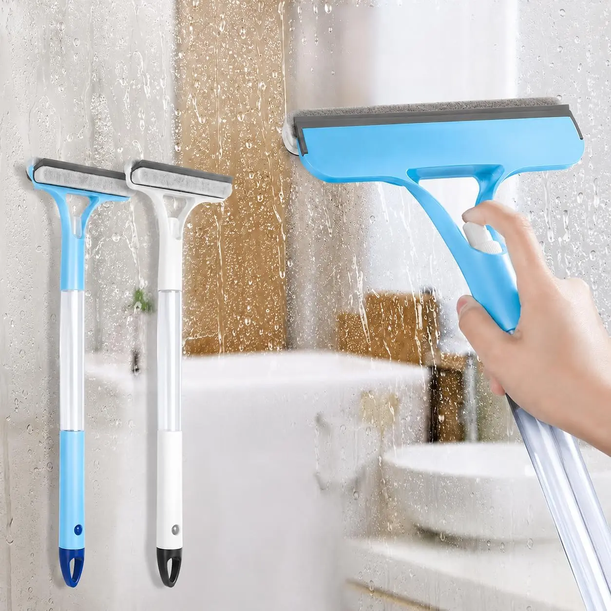 Extendable Handle 3-in-1 Window Glass Cleaning Tool, Silicone Blade & Sponge Scrubber Squeegee Cleaner with Spray Bottle, Streak-Free Clean for Windows, Mirrors & Shower Doors